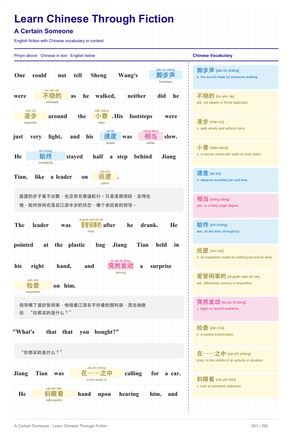 Actual first page of Part 01 showing annotated Chinese vocabulary beside English story text
